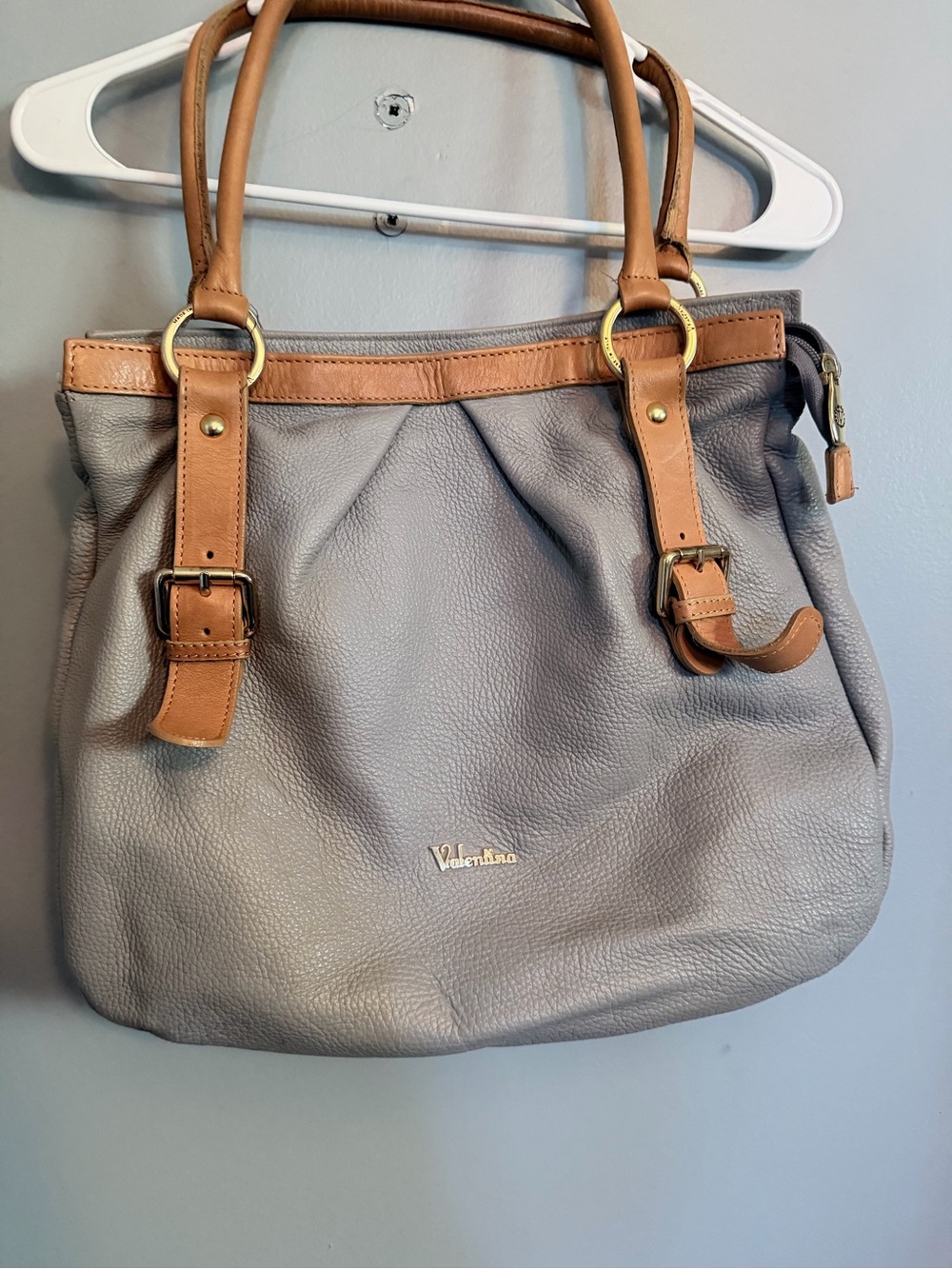Valentina Two-Tone Gray and Tan Leather Shoulder Bag